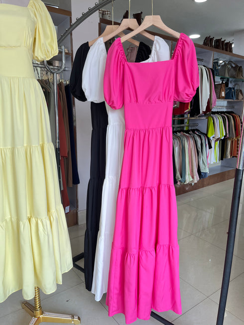 Square Neckline Puff Sleeves Flounce Long Dress